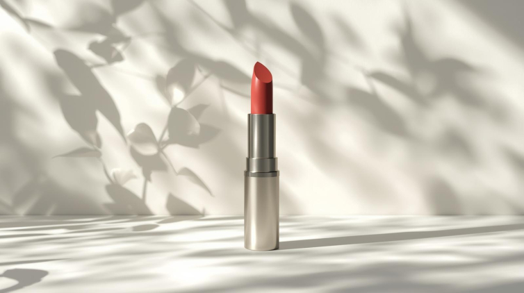 创建一张简约口红不带logo和文字的图片，背景带有柔和的植物光影