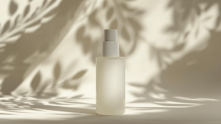 创建一张简约护肤瓶的图片,背景带有柔和的植物光影 (4)