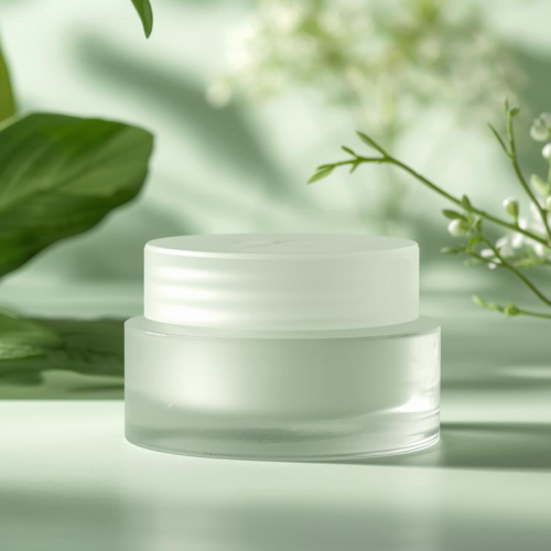 创建一张简约化妆品半透明玻璃材质不带logo和文字的图片，背景带有柔和的植物光影 (2)