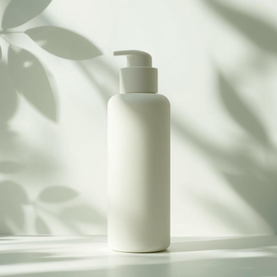 创建一张简约护肤瓶不带logo和文字的图片，背景带有柔和的植物光影 (2)