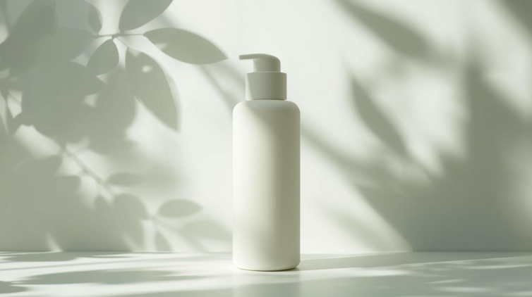 创建一张简约护肤瓶不带logo和文字的图片，背景带有柔和的植物光影 (2)