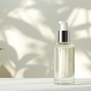 创建一张简约护肤瓶（透明瓶）不带logo和文字的图片，背景带有柔和的植物光影