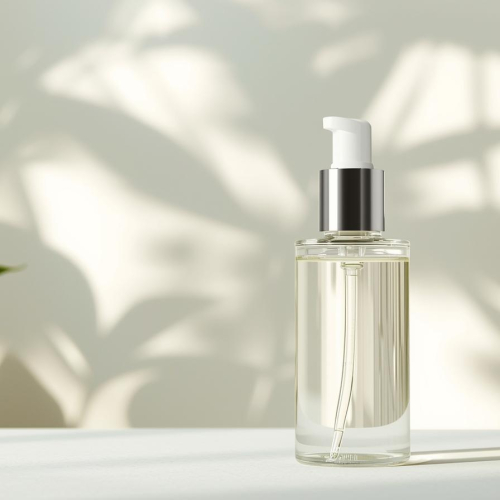 创建一张简约护肤瓶（透明瓶）不带logo和文字的图片，背景带有柔和的植物光影