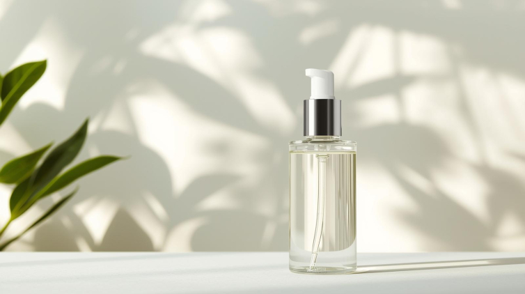 创建一张简约护肤瓶(透明瓶)不带logo和文字的图片,背景带有柔和的植物光影