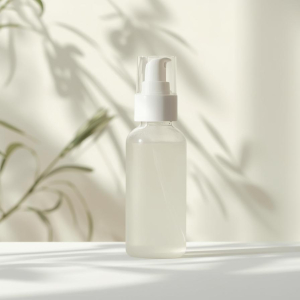 创建一张简约护肤瓶（透明瓶）不带logo和文字的图片，背景带有柔和的植物光影 (1)