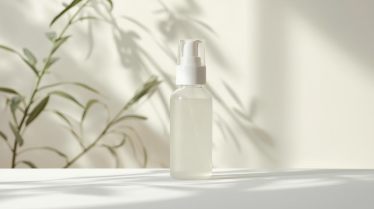 创建一张简约护肤瓶(透明瓶)不带logo和文字的图片,背景带有柔和的植物光影 (1)