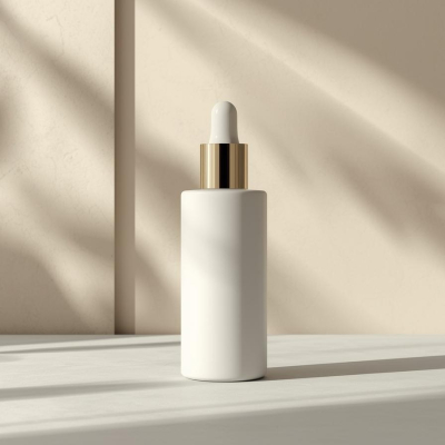 创建一张简约护肤瓶的图片，背景带有柔和的植物光影 (5)