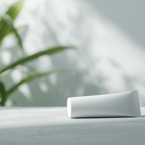 创建一张简约防晒霜不带logo和文字的图片，背景带有柔和的植物光影