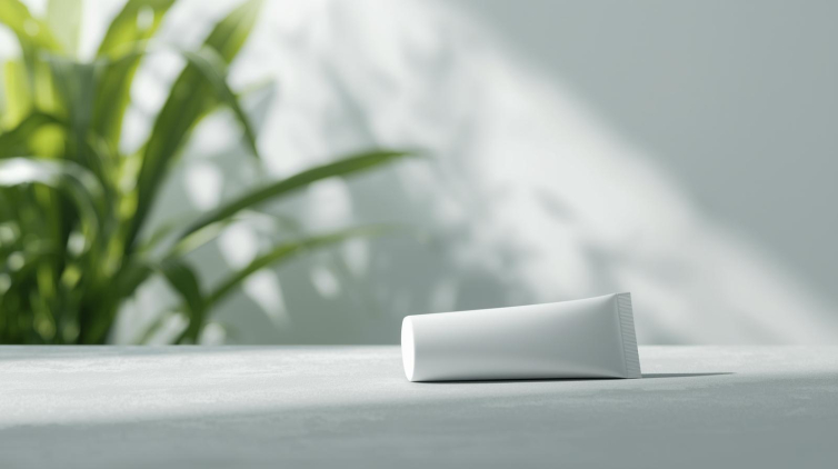 创建一张简约防晒霜不带logo和文字的图片，背景带有柔和的植物光影