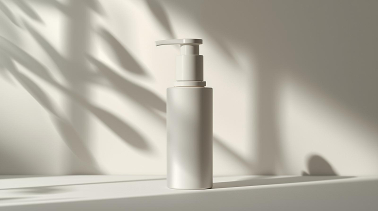 创建一张简约护肤瓶的图片，背景带有柔和的植物光影 (6)